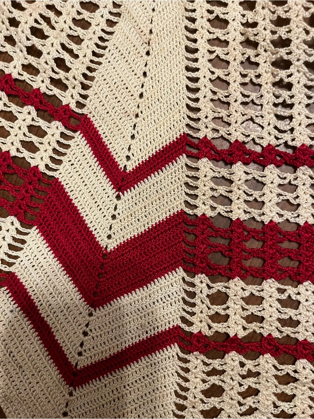 Handmade Cream and Red Crochet Apron with Red Ribbon